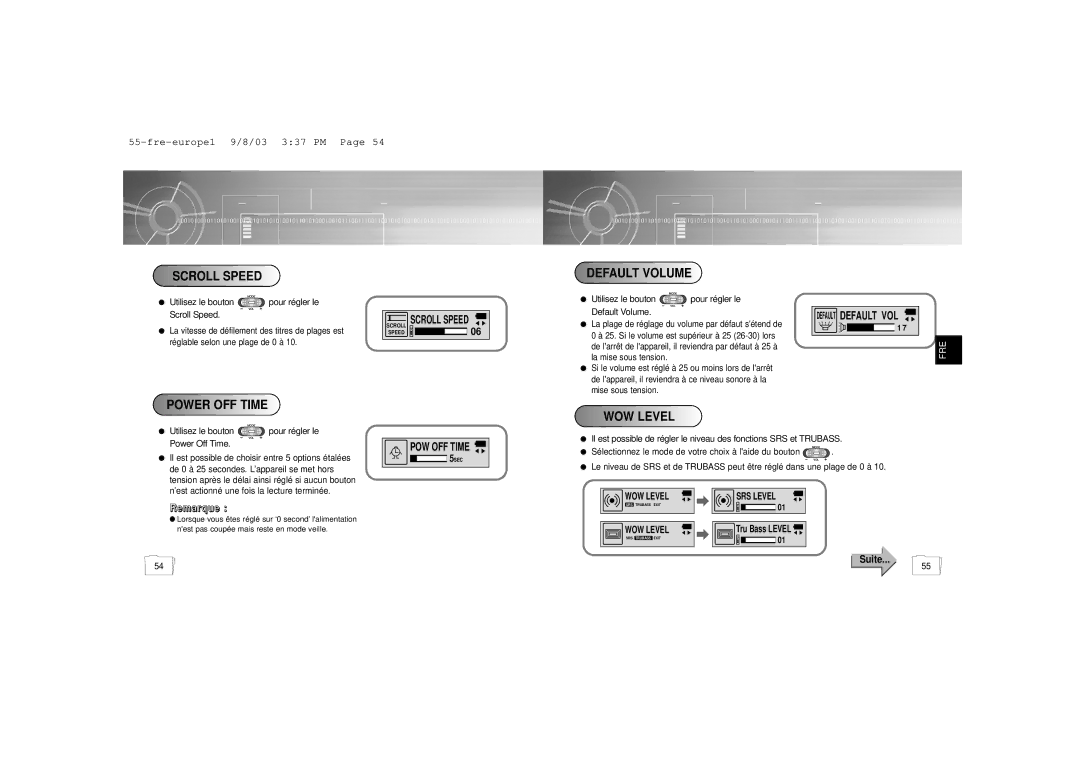 Samsung YP-55V/ELS2, YP-55H/ELS2, YP56V1/ELS, YP-55V/ELS1 manual Scroll Speed, Default Volume, Power OFF Time, WOW Level 