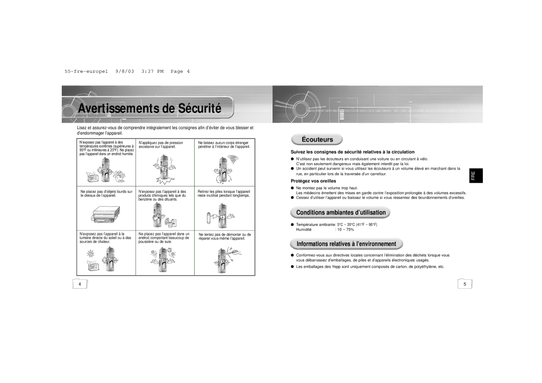 Samsung YP-55V/ELS2, YP-55H/ELS2 Écouteurs, Conditions ambiantes d’utilisation, Informations relatives à l’environnement 