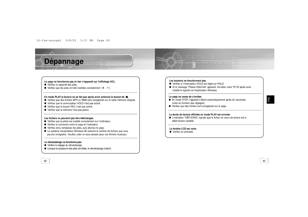 Samsung YP-55V/ELS1, YP-55H/ELS2, YP56V1/ELS, YP-55V/ELS2 manual Dépannage, Les fichiers ne peuvent pas ê tre té lé chargé s 