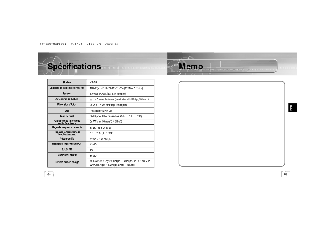 Samsung YP-55V/ELS2, YP-55H/ELS2, YP56V1/ELS, YP-55V/ELS1, YP-55H/ELS1 manual Spécifications Memo, 5V 1 AAA/LR03 pile alcaline 