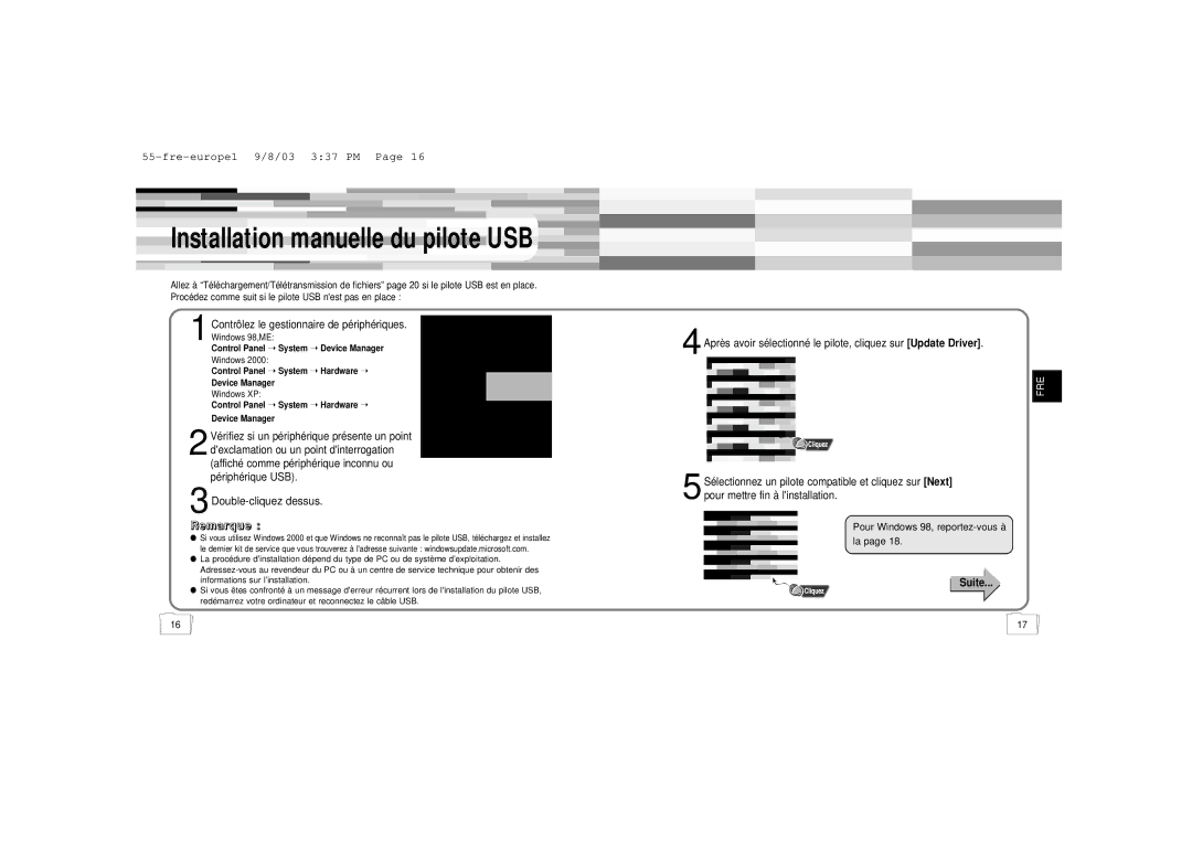 Samsung YP-55H/ELS1, YP-55H/ELS2, YP56V1/ELS, YP-55V/ELS1 manual Contrôlez le gestionnaire de périphériques. Windows 98,ME 