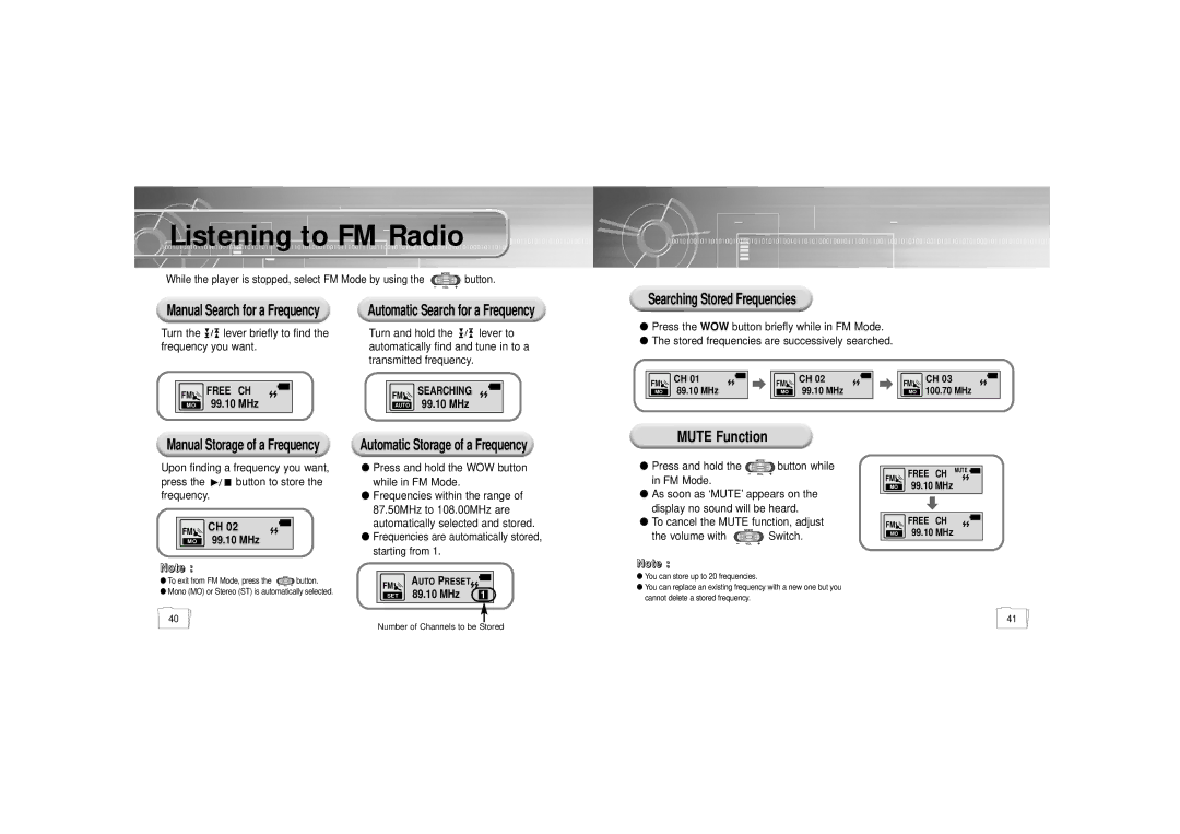Samsung YP-55H/XSV manual Listening to FM Radio, Mute Function 