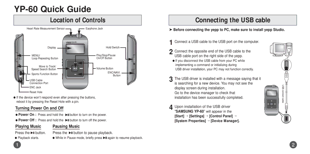 Samsung YP-60 manual Location of Controls, Connecting the USB cable, Turning Power On and Off, Playing Music Pausing Music 