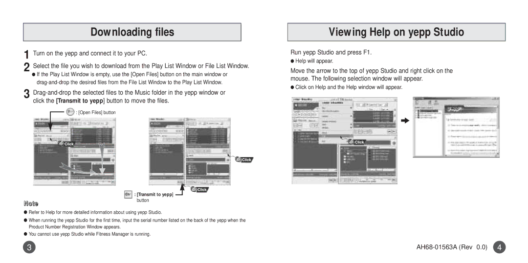 Samsung YP-60 manual Downloading files, Viewing Help on yepp Studio, Run yepp Studio and press F1, AH68-01563A Rev 0.0 