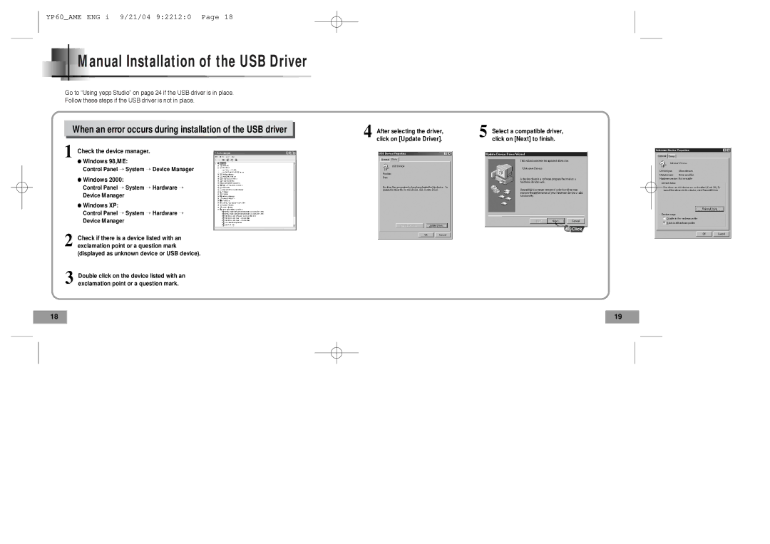 Samsung YP-60 manual Manual Installation of the USB Driver 