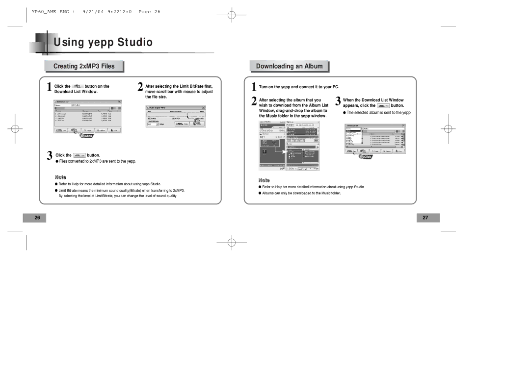 Samsung YP-60 manual Using yepp Studio, Creating 2xMP3 Files Downloading an Album 