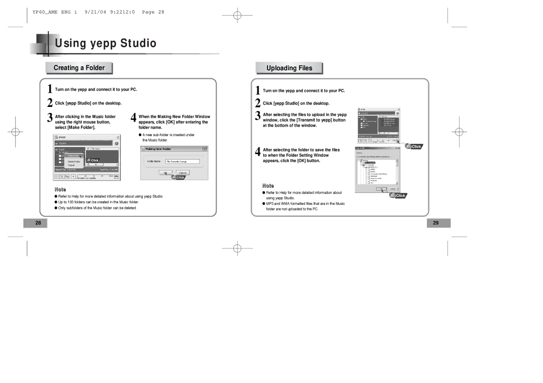 Samsung YP-60 manual Creating a Folder Uploading Files, Select Make Folder 