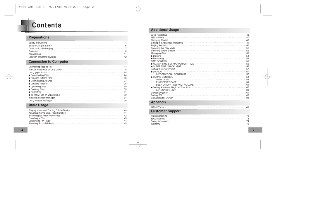 Samsung YP-60 manual Contents 