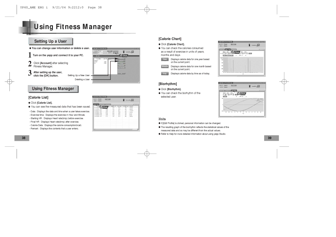 Samsung YP-60 manual Setting Up a User, Using Fitness Manager 