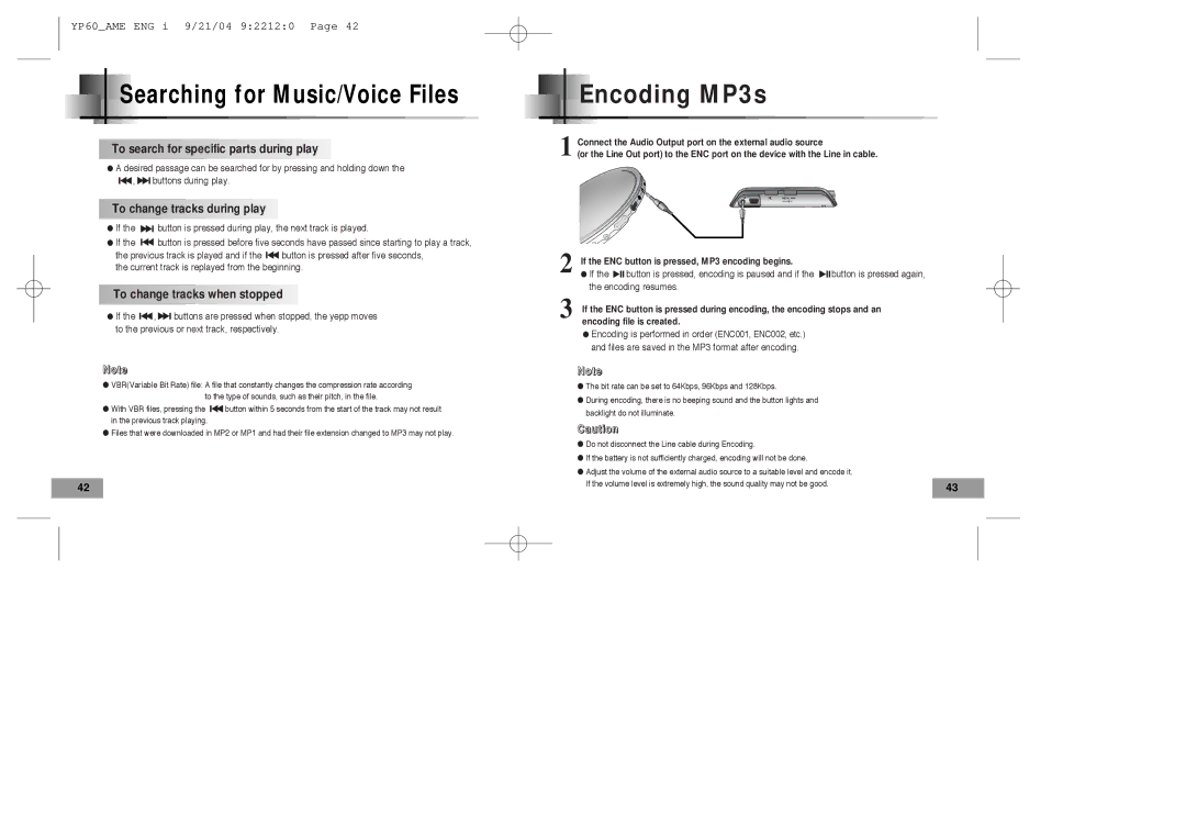 Samsung YP-60 manual Encoding MP3s, Searching for Music/Voice Files 