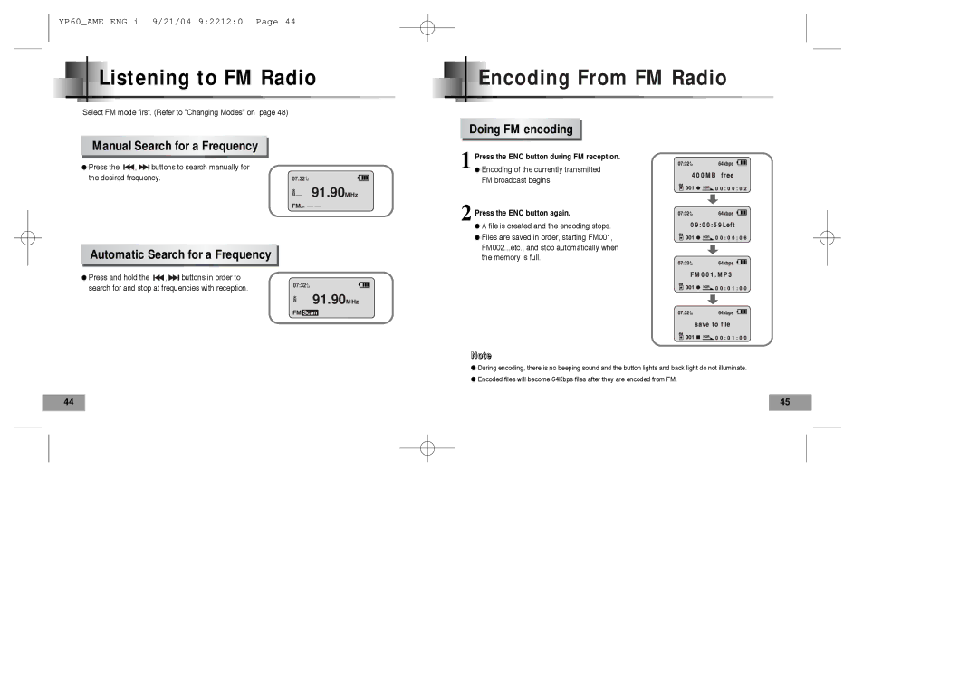 Samsung YP-60 manual Listening to FM Radio, Encoding From FM Radio, Manual Search for a Frequency, Doing FM encoding 