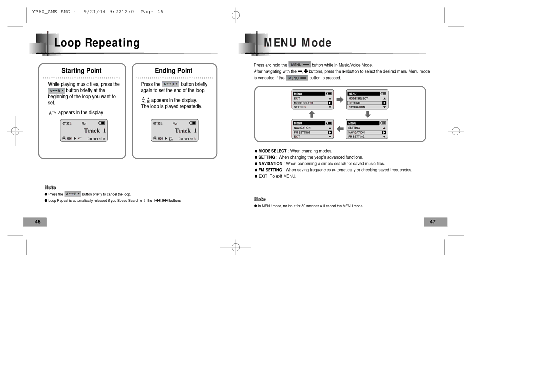 Samsung YP-60 manual Loop Repeating, Menu Mode, Starting Point Ending Point 