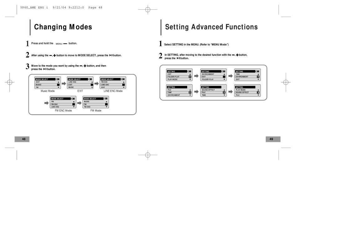 Samsung YP-60 manual Changing Modes, Press and hold the button 