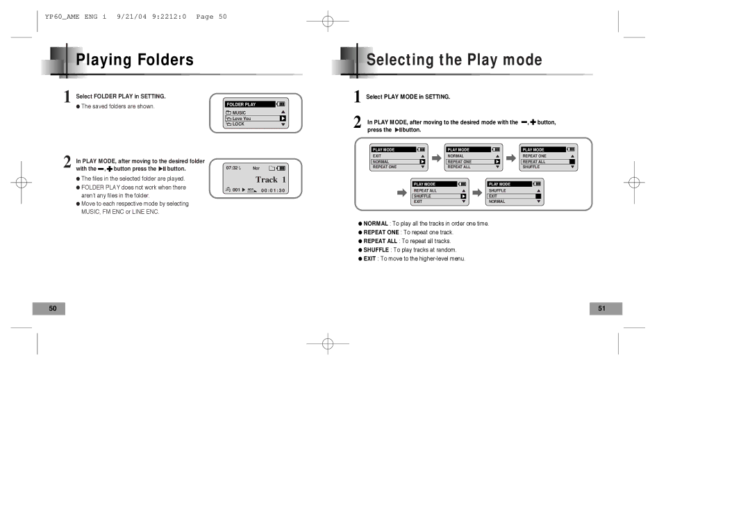 Samsung YP-60 manual Playing Folders, Selecting the Play mode 