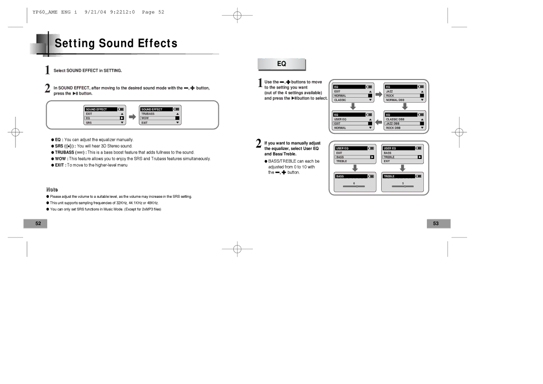 Samsung YP-60 manual Setting Sound Effects 