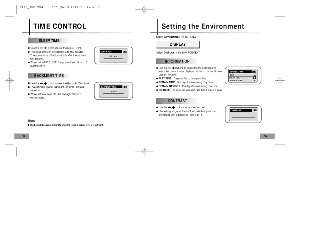 Samsung YP-60 manual Time Control, Setting the Environment 