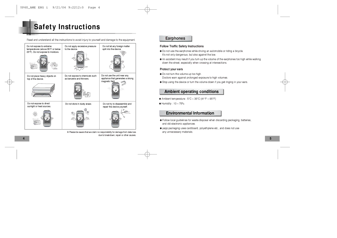 Samsung YP-60 manual Safety Instructions, Earphones, Ambient operating conditions, Environmental Information 