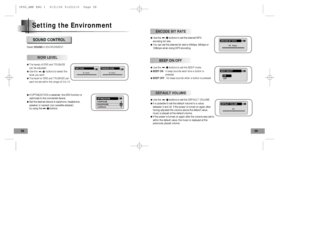 Samsung YP-60 manual Setting the Environment, Sound Control 