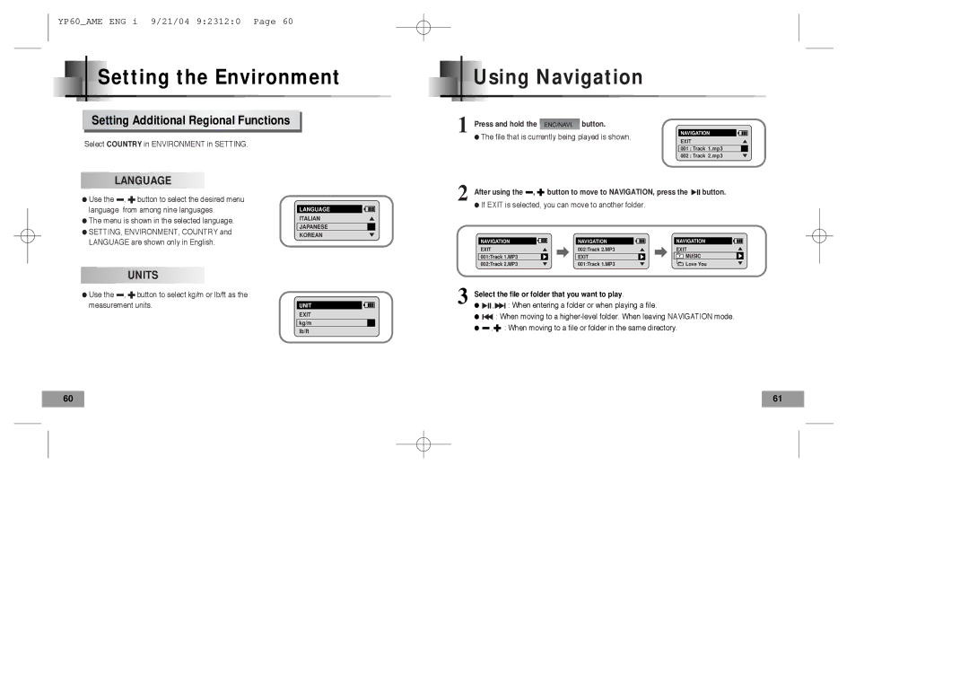 Samsung YP-60 manual Using Navigation, Setting Additional Regional Functions 