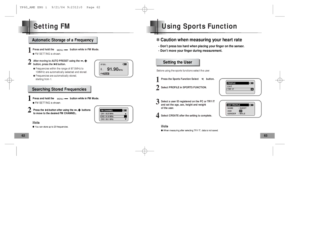 Samsung YP-60 manual Setting FM Using Sports Function, Automatic Storage of a Frequency, Setting the User 