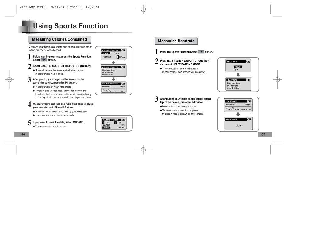 Samsung YP-60 manual Measuring Calories Consumed, Measuring Heartrate 