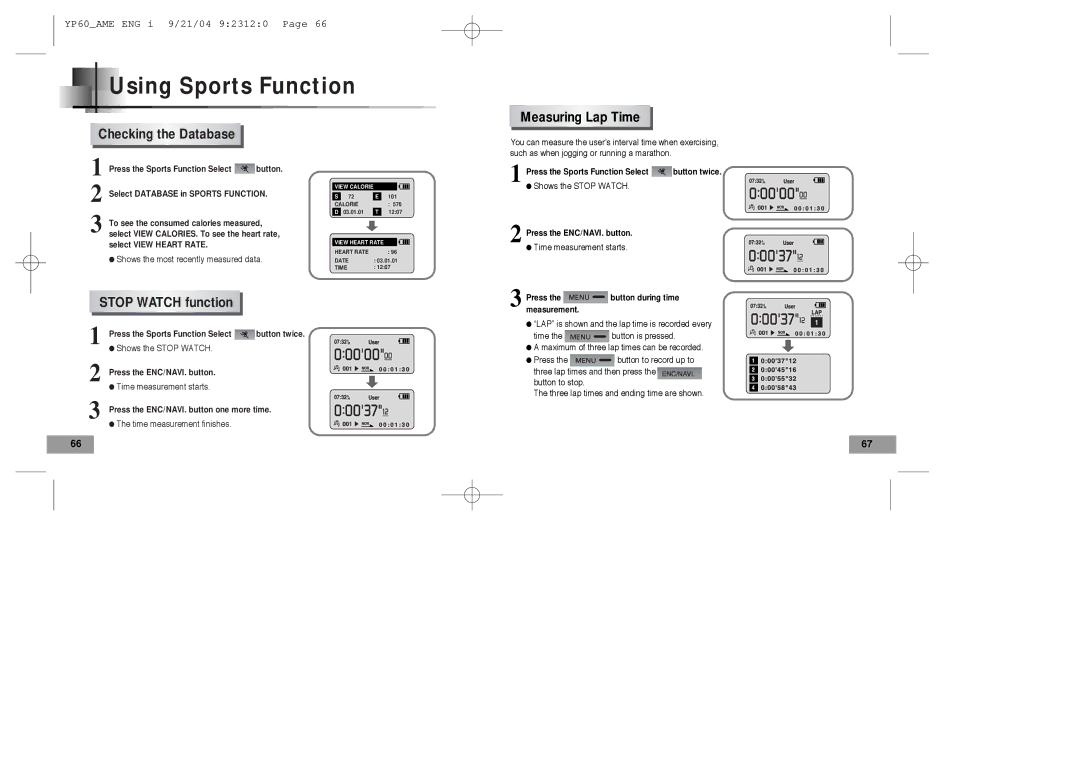 Samsung YP-60 manual Measuring Lap Time, Checking the Database, Stop Watch function 