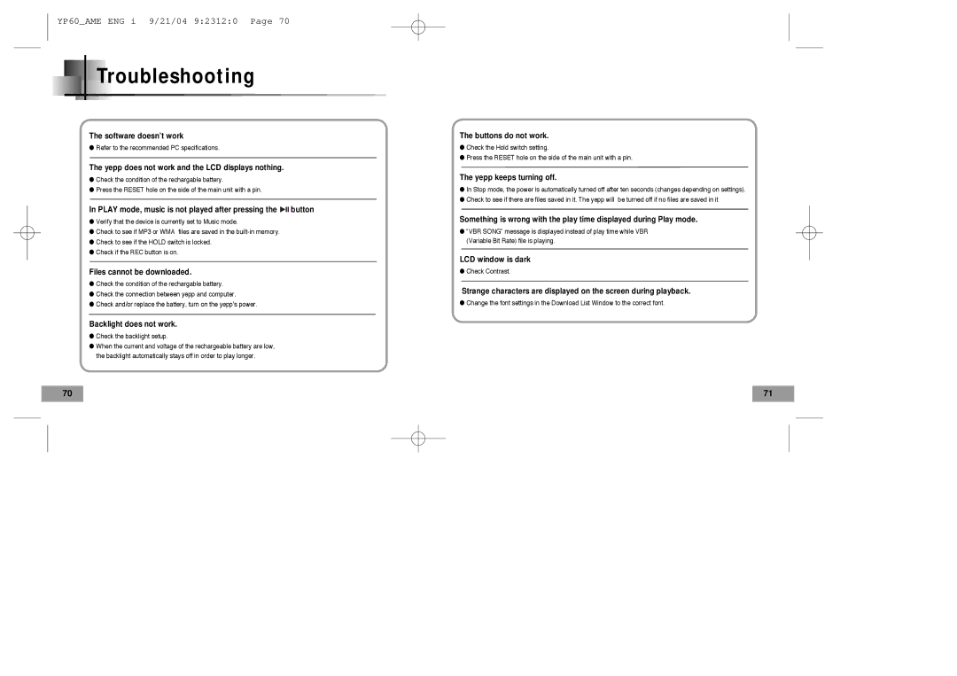 Samsung YP-60 manual Troubleshooting, Yepp does not work and the LCD displays nothing 