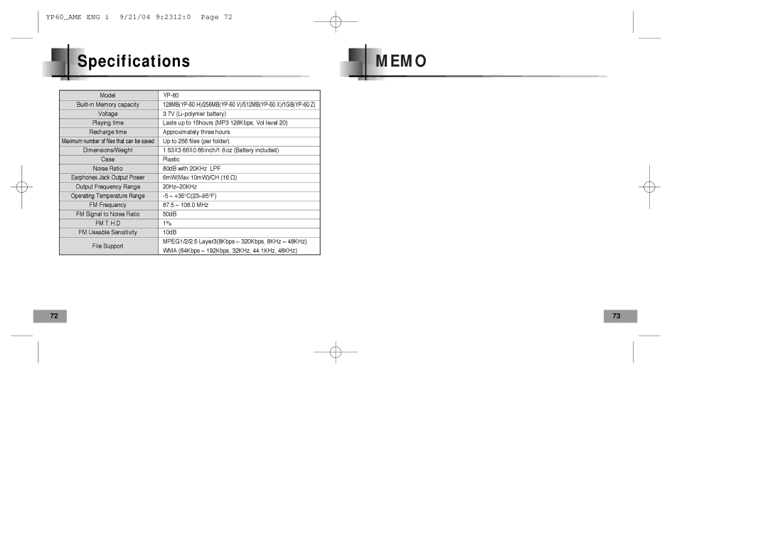 Samsung YP-60 manual Specifications, Fm T.H.D 