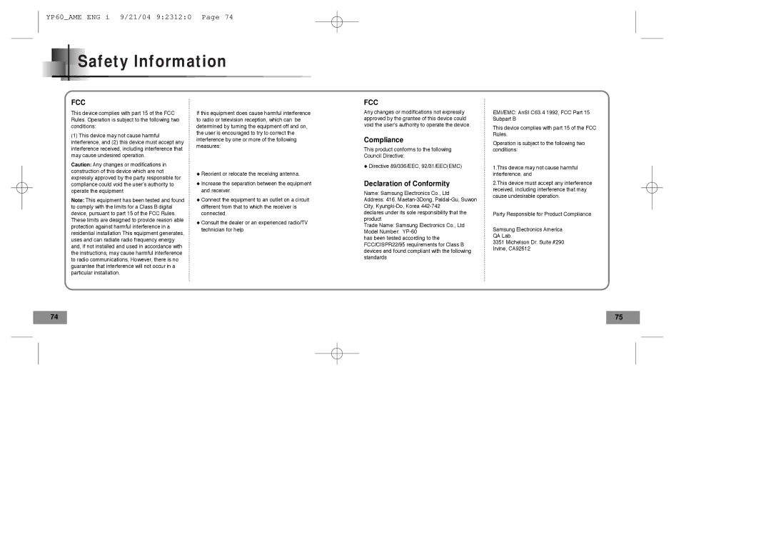 Samsung YP-60 manual Safety Information, Fcc 