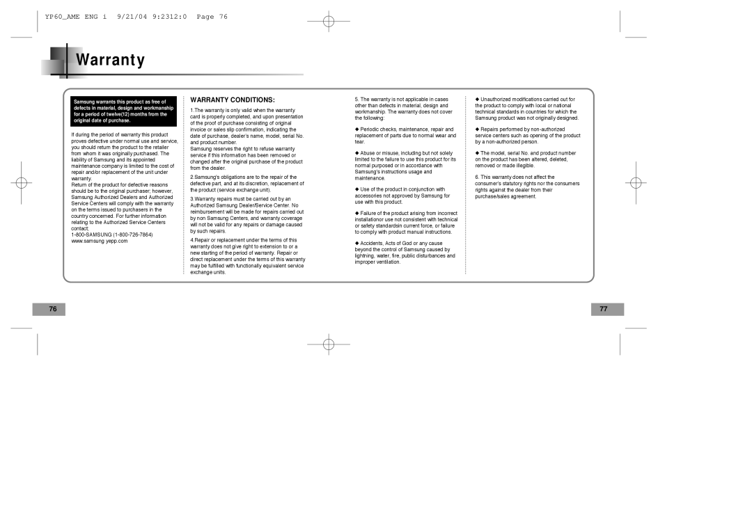 Samsung YP-60 manual Warranty Conditions 