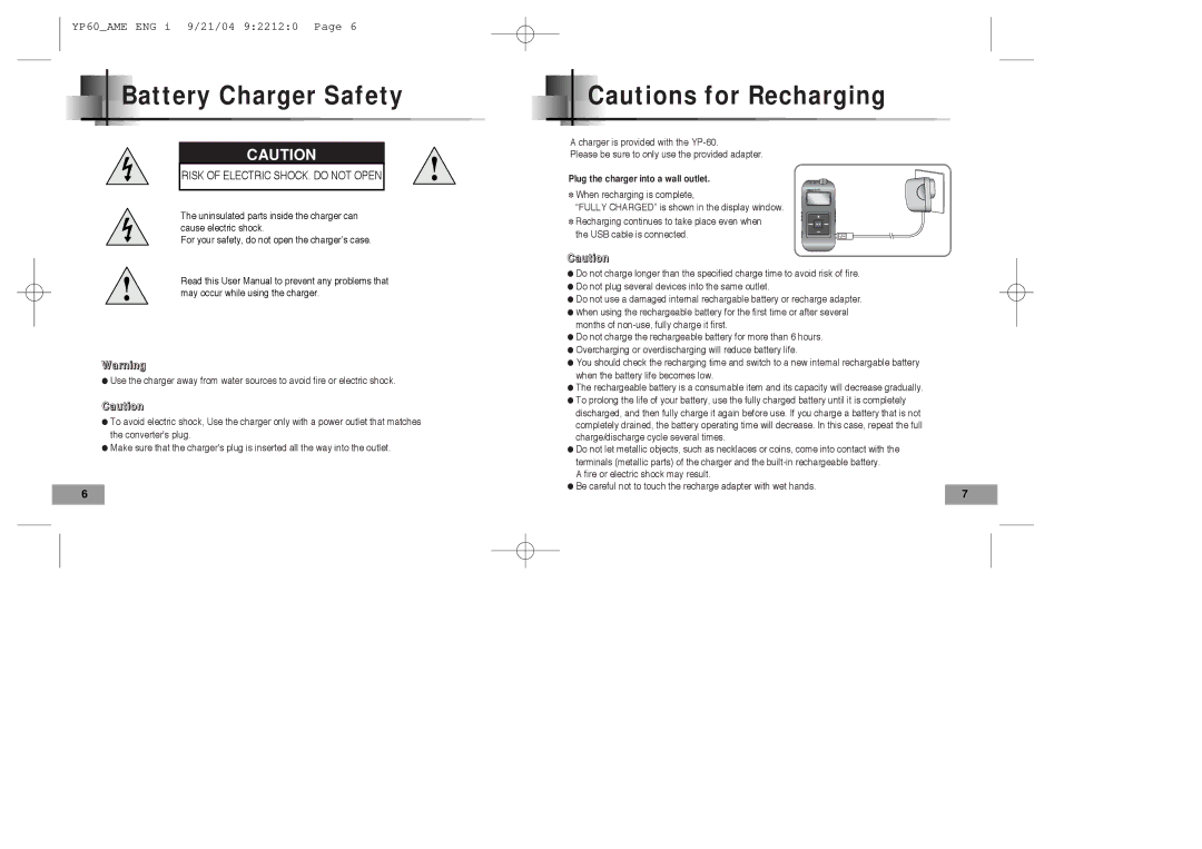 Samsung YP-60 manual Battery Charger Safety, Risk of Electric SHOCK. do not Open 