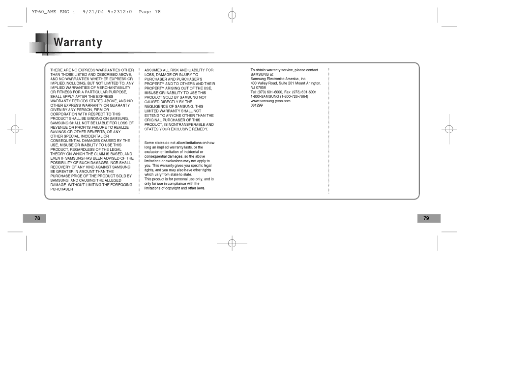 Samsung YP-60 manual Warranty 