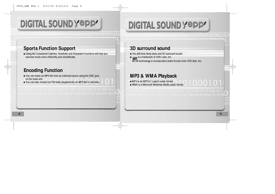 Samsung YP-60 manual Sports Function Support 