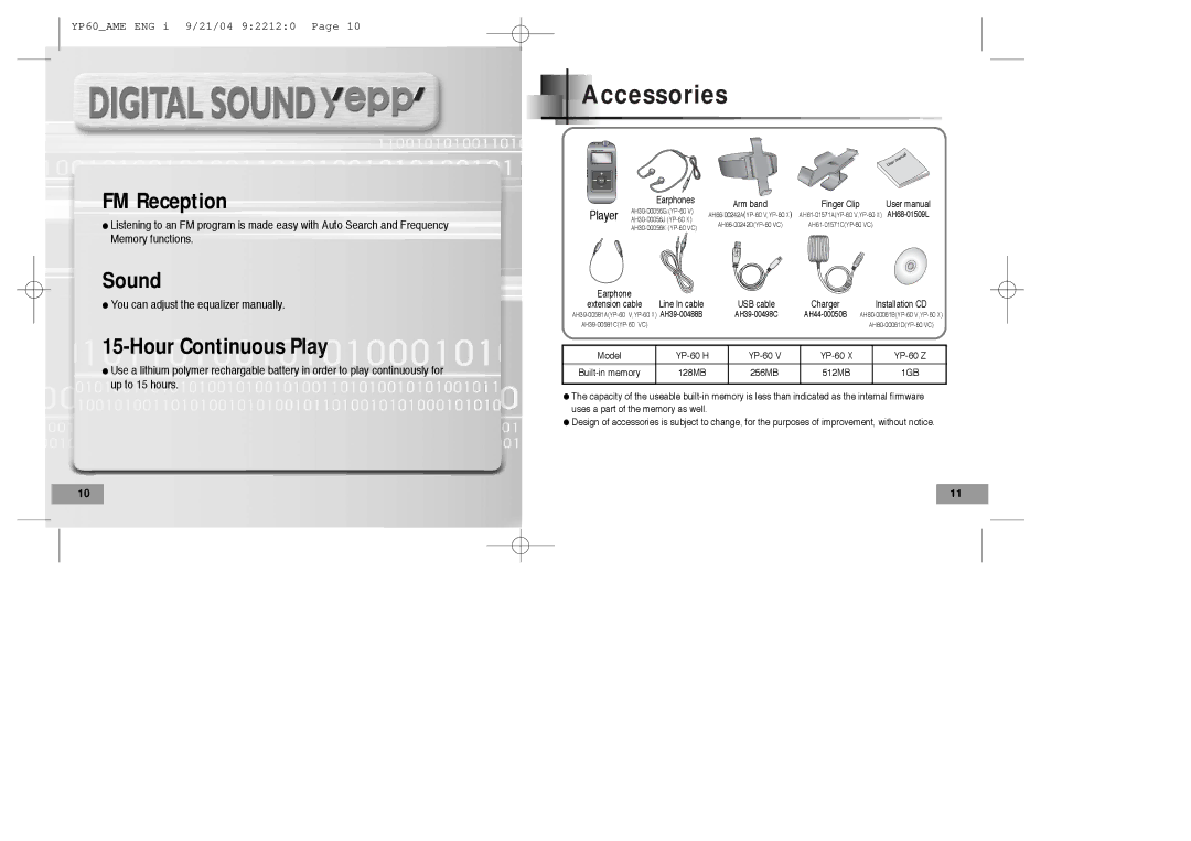 Samsung YP-60 manual Accessories, Hour Continuous Play 