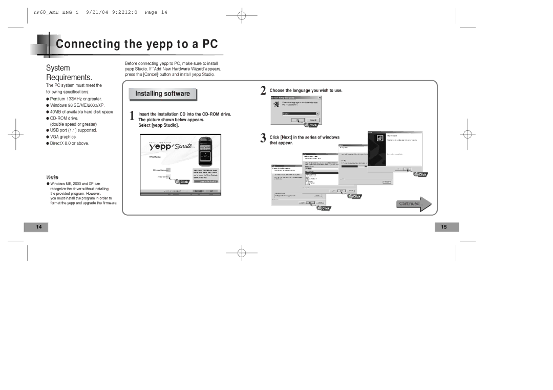 Samsung YP-60 manual Connecting the yepp to a PC, Installing software 