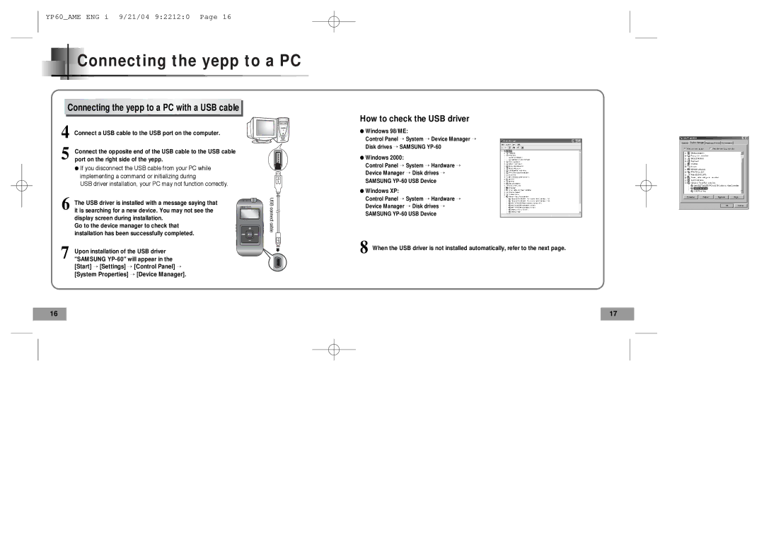 Samsung YP-60 manual Connecting the yepp to a PC with a USB cable 