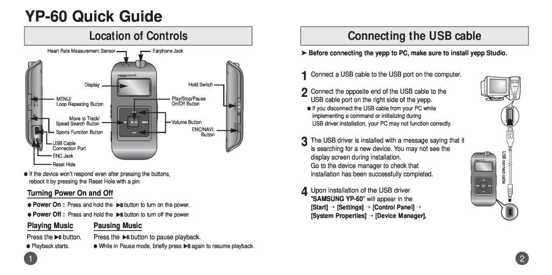 Samsung manual Location of Controls, Connecting the USB cable, YP-60 Quick Guide, Turning Power On and Off 