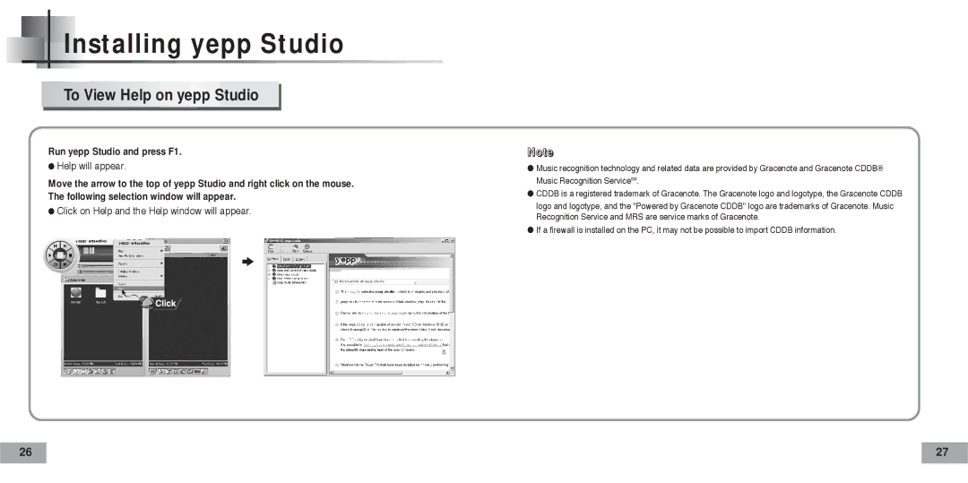 Samsung YP60V/REE, YP-60V/HAO, YP-60H/AAW, YP-60H/XSG, YP-60V/XSG, YP-60V/XSV, YP-60V/SAM manual To View Help on yepp Studio 