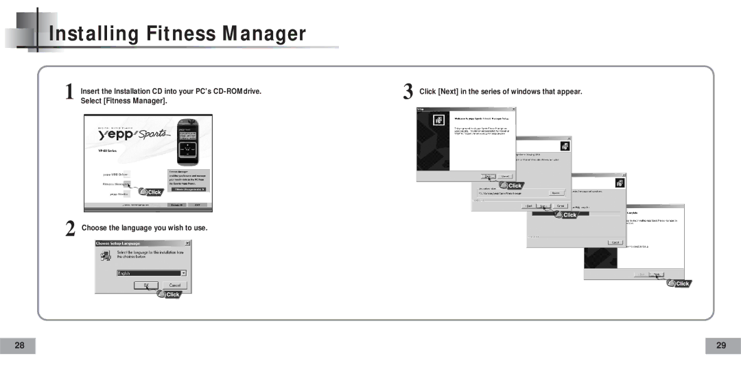 Samsung YP-60V/SAM, YP-60V/HAO, YP-60H/AAW, YP-60H/XSG, YP-60V/XSG, YP-60V/XSV, YP60V/REE manual Installing Fitness Manager 