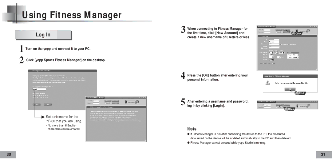 Samsung YP-60V/HAO, YP-60H/AAW, YP-60H/XSG, YP-60V/XSG, YP-60V/XSV, YP60V/REE, YP-60V/SAM manual Using Fitness Manager, Log 