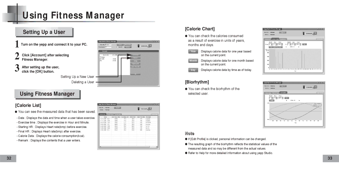 Samsung YP-60V/HAO, YP-60H/AAW, YP-60H/XSG, YP-60V/XSG, YP-60V/XSV, YP60V/REE manual Setting Up a User, Using Fitness Manager 