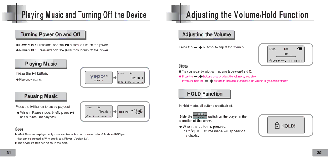 Samsung YP-60H/AAW, YP-60V Turning Power On and Off, Playing Music, Adjusting the Volume, Pausing Music, Hold Function 