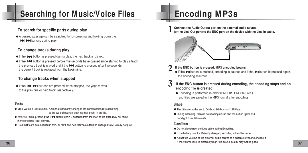 Samsung YP-60H/XSG, YP-60V/HAO, YP-60H/AAW, YP-60V/XSG, YP-60V/XSV manual Searching for Music/Voice Files, Encoding MP3s 