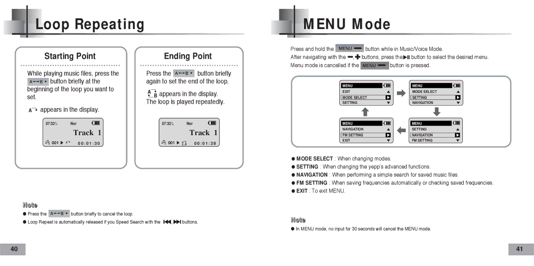 Samsung YP-60V/XSV, YP-60V/HAO, YP-60H/AAW, YP-60H/XSG, YP-60V/XSG Loop Repeating Menu Mode, Starting Point, Ending Point 