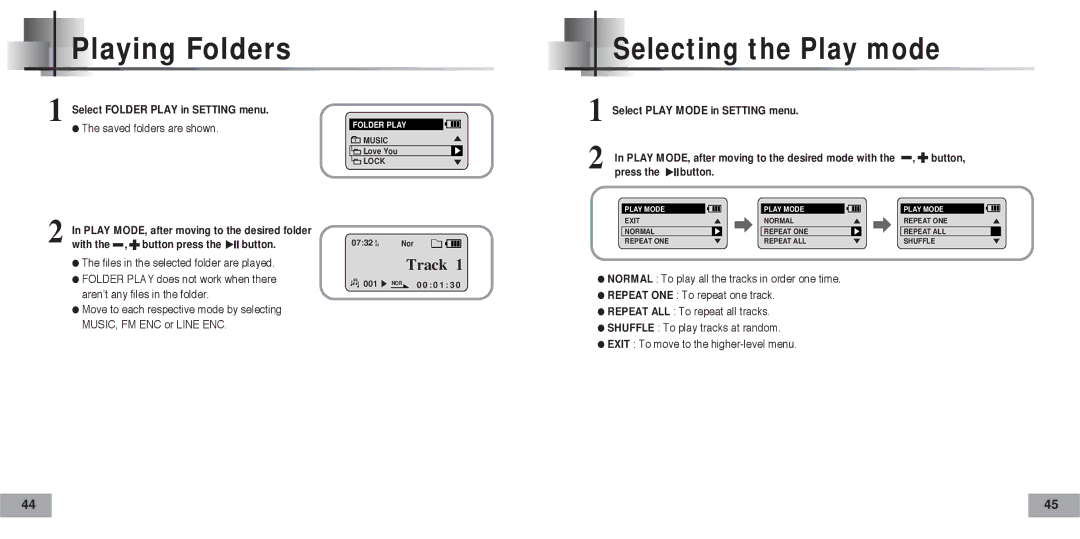 Samsung YP-60V/SAM, YP-60V/HAO, YP-60H/AAW, YP-60H/XSG, YP-60V/XSG, YP-60V/XSV manual Playing Folders, Selecting the Play mode 