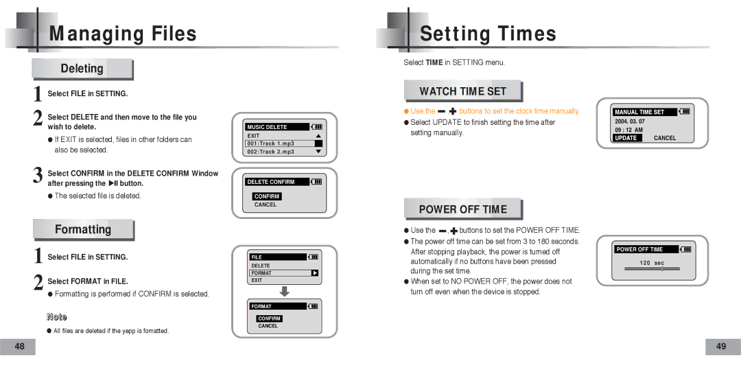 Samsung YP-60V/HAO, YP-60H/AAW, YP-60H/XSG, YP-60V/XSG, YP-60V/XSV manual Managing Files, Setting Times, Deleting, Formatting 