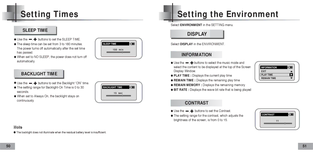 Samsung YP-60H/AAW, YP-60V/HAO, YP-60H/XSG, YP-60V/XSG, YP-60V/XSV, YP60V/REE manual Setting the Environment, Sleep Time 