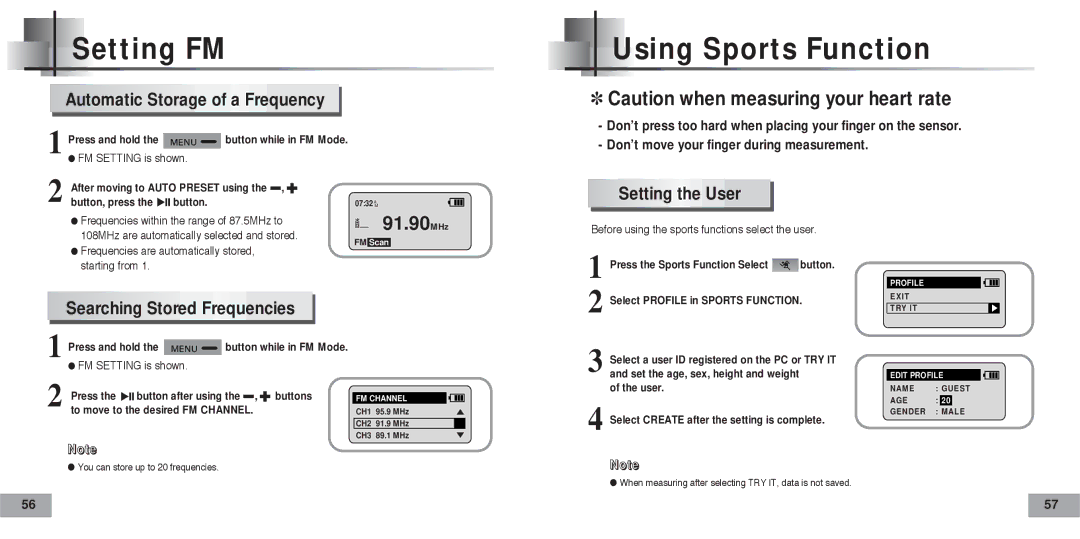 Samsung YP-60V/XSV, YP-60V/HAO manual Setting FM Using Sports Function, Automatic Storage of a Frequency, Setting the User 