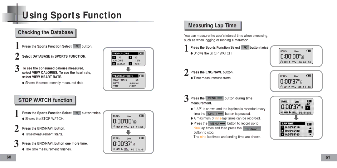 Samsung YP-60V/SAM, YP-60V/HAO, YP-60H/AAW, YP-60H/XSG manual Measuring Lap Time Checking the Database, Stop Watch function 