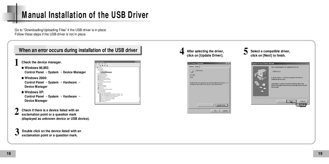 Samsung YP60V1/ELS, YP-60V, YP60V2/ELS manual When an error occurs during installation of the USB driver 